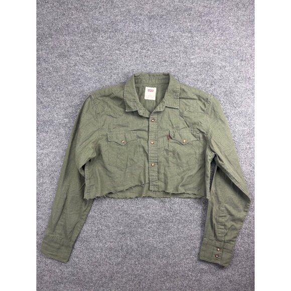 Levi's Cropped Shirt Jacket Women's L Green Button Up Raw Hem Pockets Shacket - Picture 1 of 7